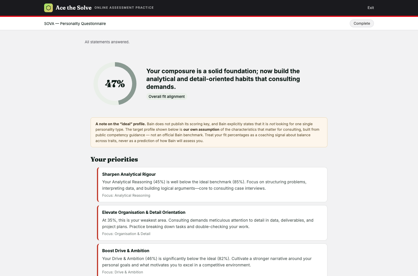 SOVA personality report with an overall fit-alignment gauge and prioritised focus areas.