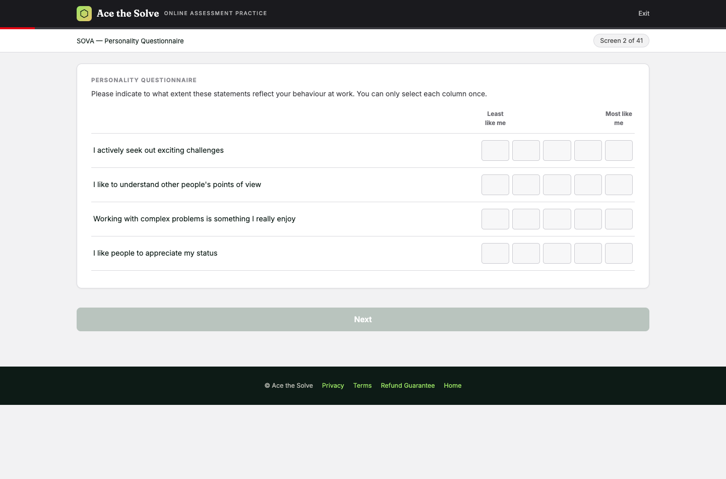 SOVA personality screen 2 of 41 with four statements and a five-column rating grid.