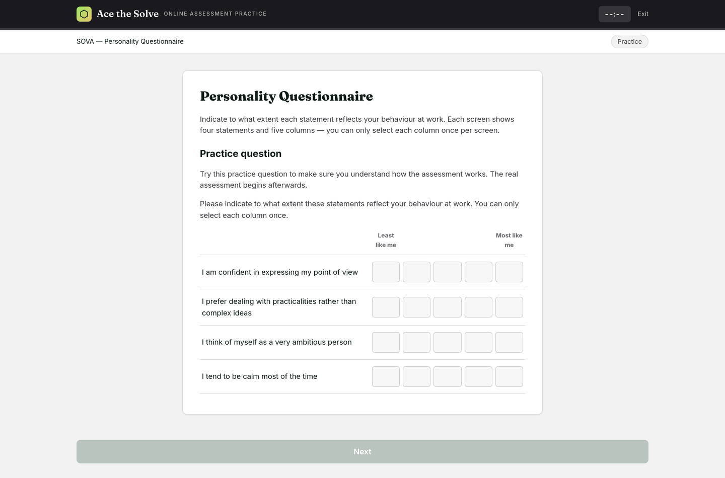 SOVA personality practice screen with four statements and a five-column rating grid.