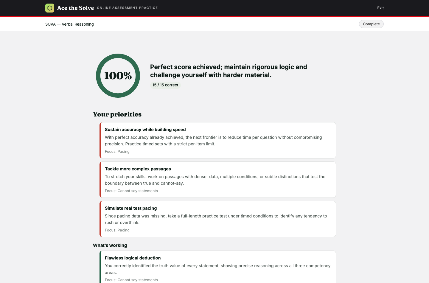 SOVA verbal report with a 100% score gauge, an executive headline and prioritised focus areas.
