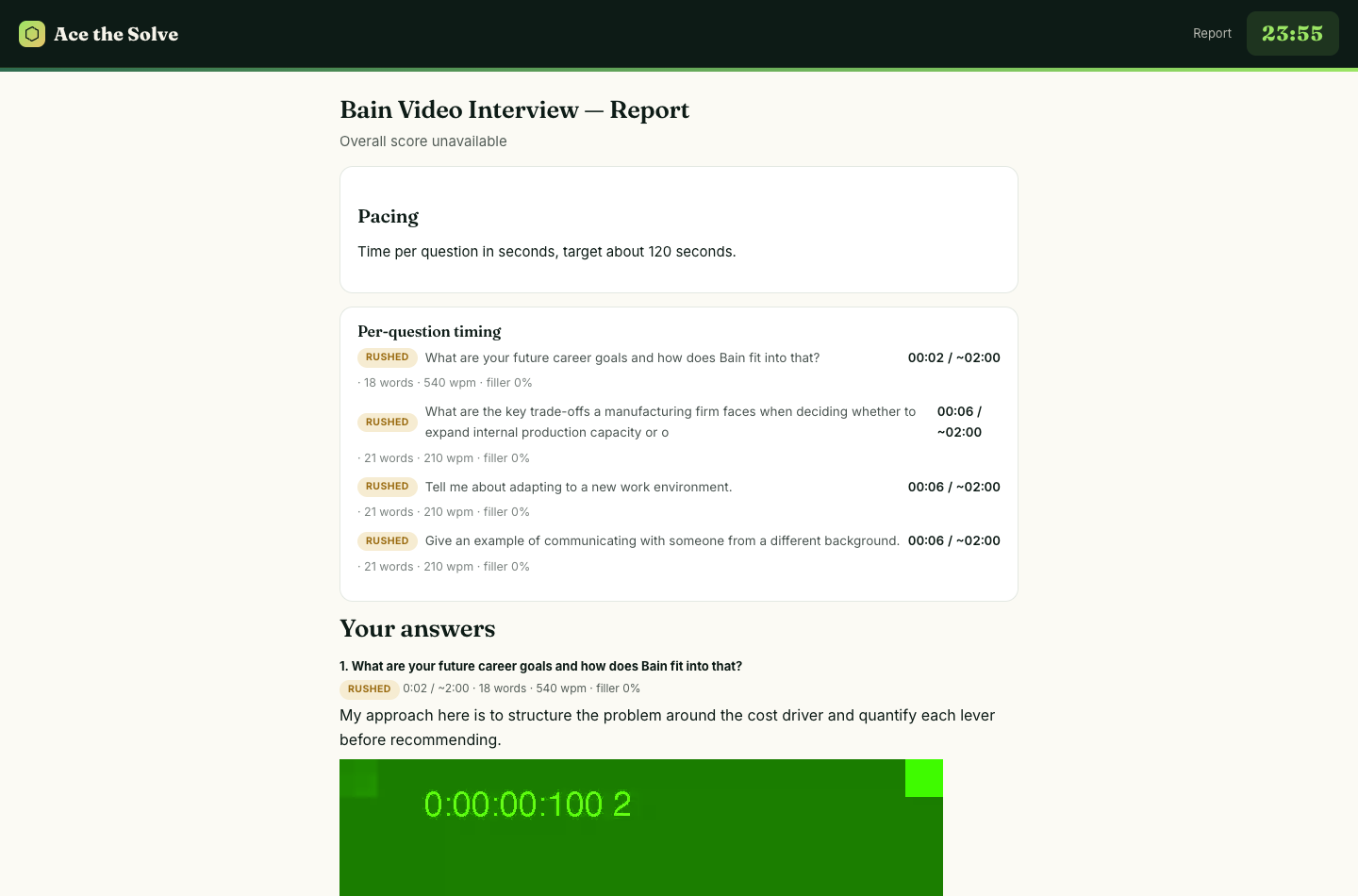 Bain video report with a pacing card, per-question timing rows and answer playback cards.