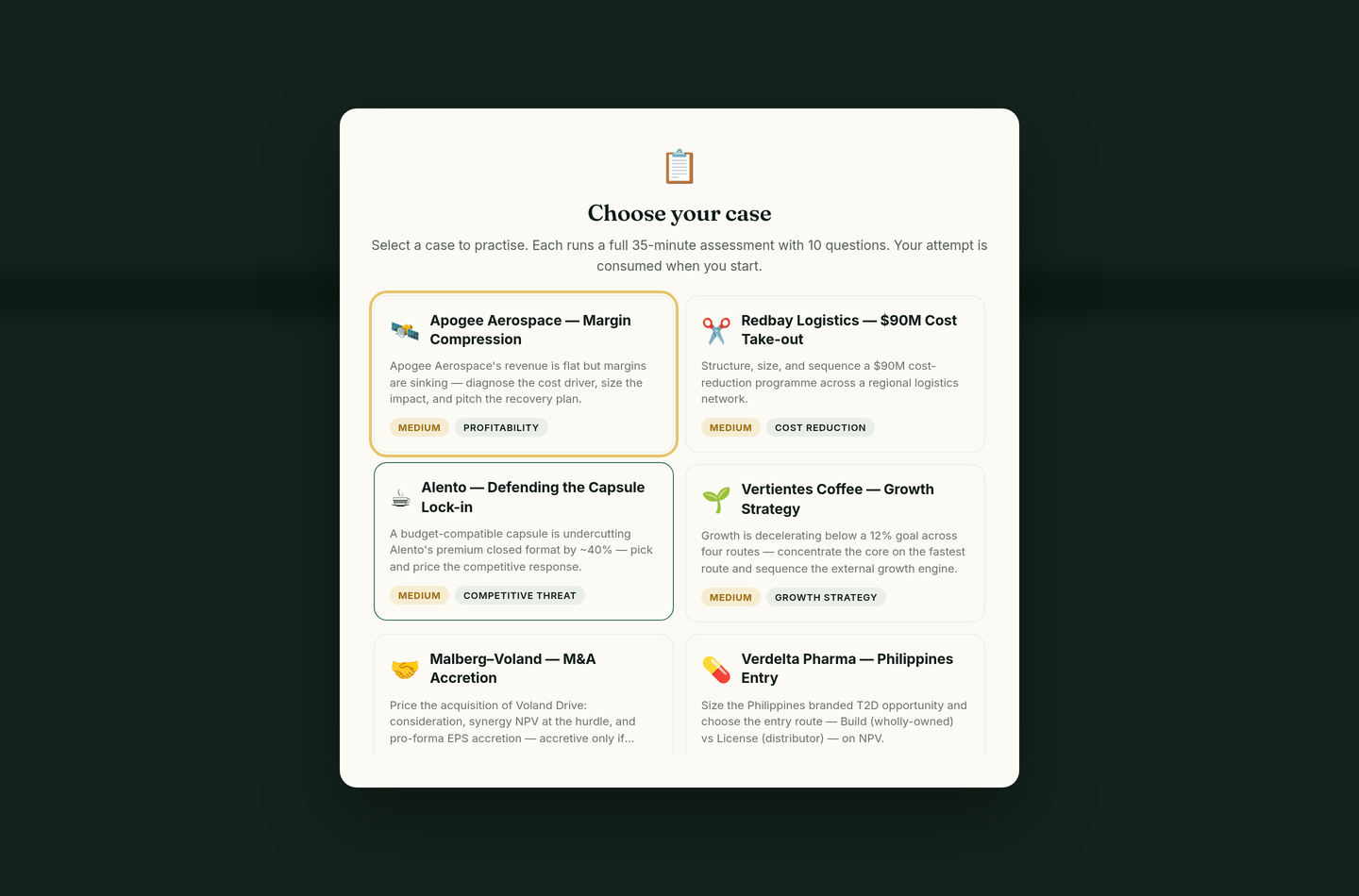 The Casey case picker: six scenario cards with difficulty and focus tags.