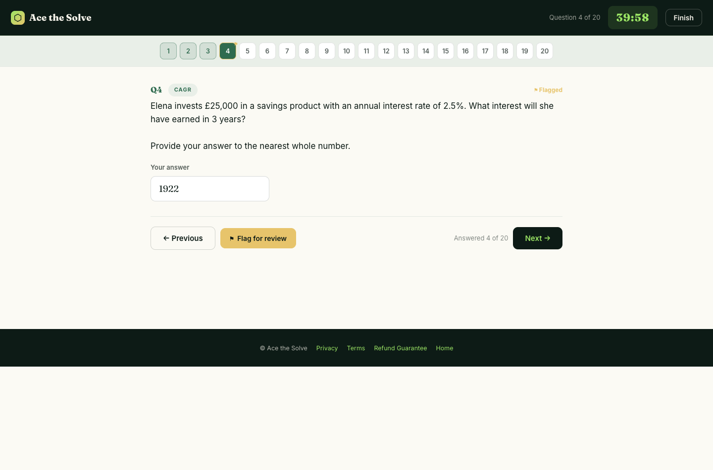 BCG Quant question 4 of 20 flagged for review, timer at 39:57, with three of 20 answered.