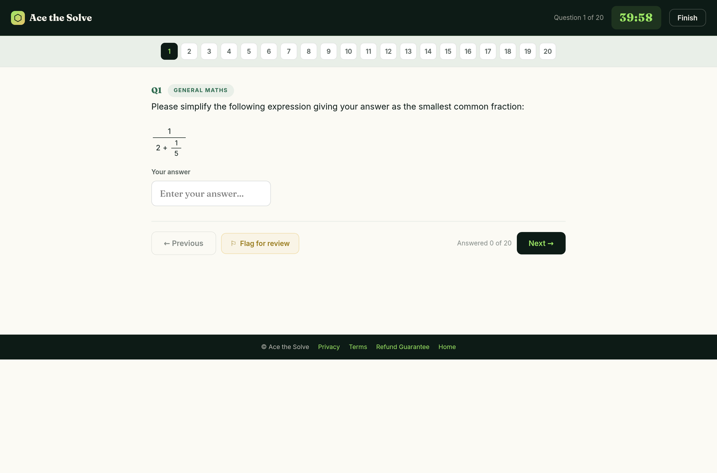 BCG Quant question 1 of 20 with the 40-minute timer, the question navigator and an empty numeric answer box.