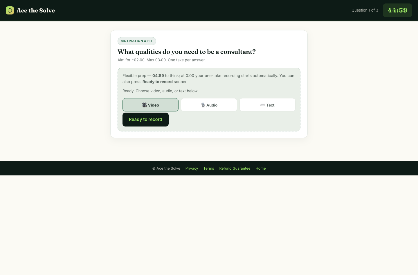 Interview question with the flexible prep countdown at 04:59 and the Ready to record button.