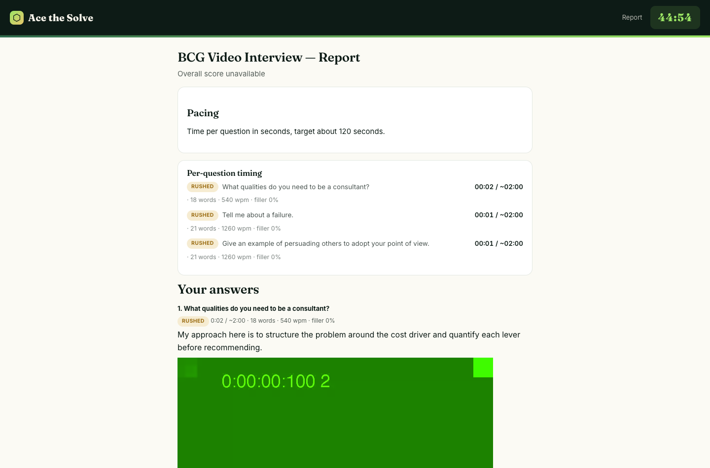 BCG video report with a pacing card, per-question timing rows and answer playback cards.