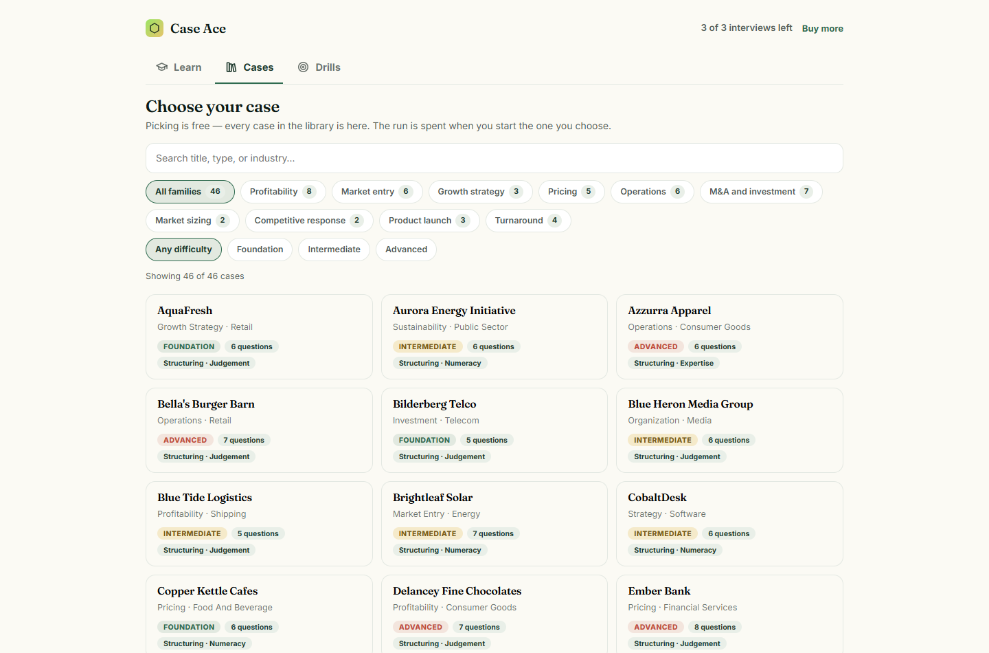 The Case Ace case library, filterable by type, industry and difficulty.