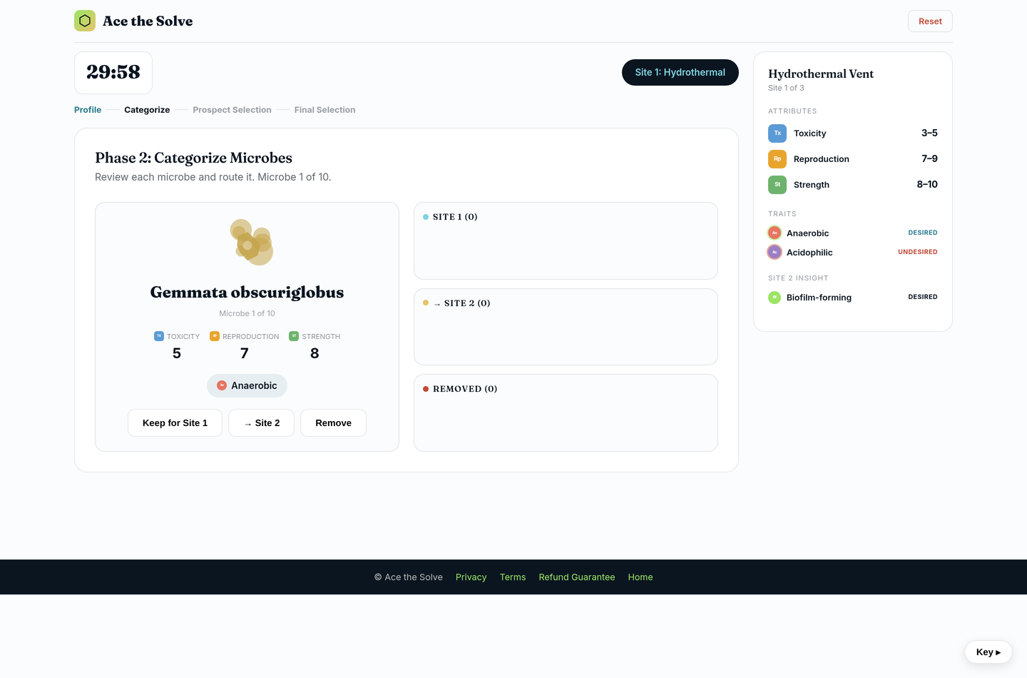 Phase 2: categorize — keep, send to Site 2 or remove each microbe.